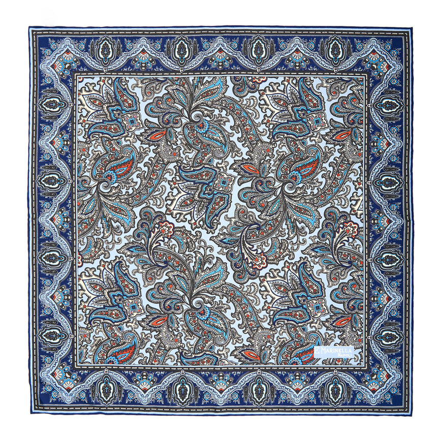 LIGHT BLUE HAND-PRINTED SILK POCKET SQUARE