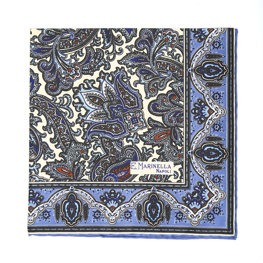 WHITE HAND-PRINTED SILK POCKET SQUARE