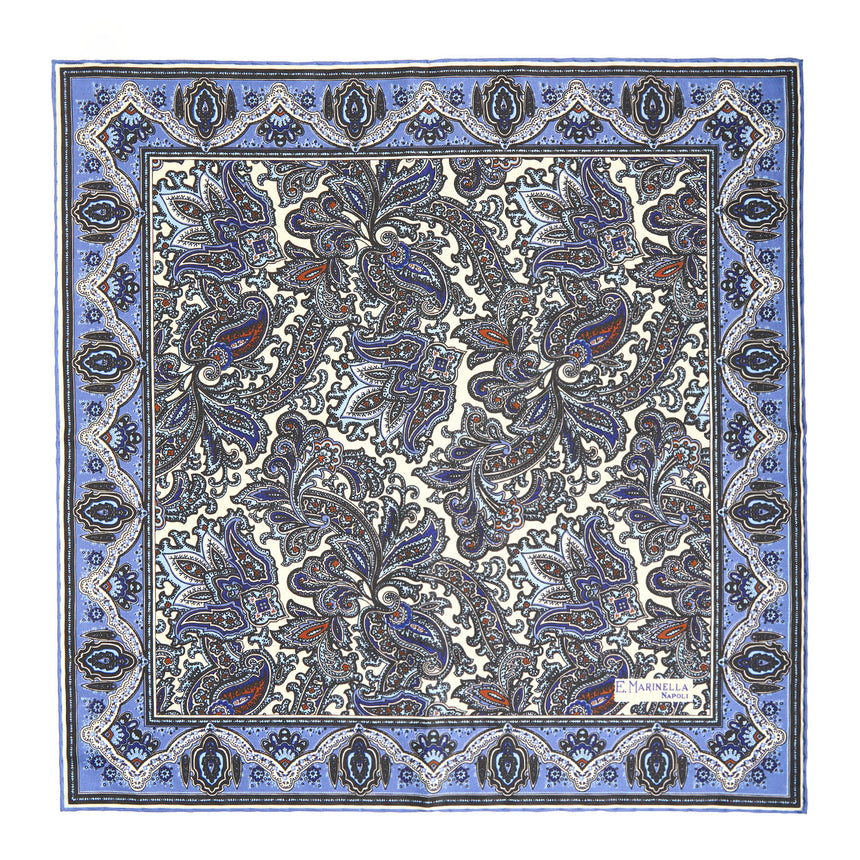 WHITE HAND-PRINTED SILK POCKET SQUARE