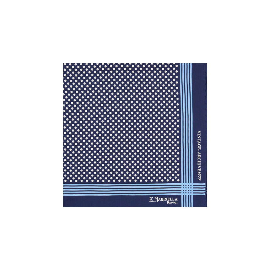 dark_blue_hand_printed_silk_pocket_square_polka_dot_pattern_centered_and_folded
