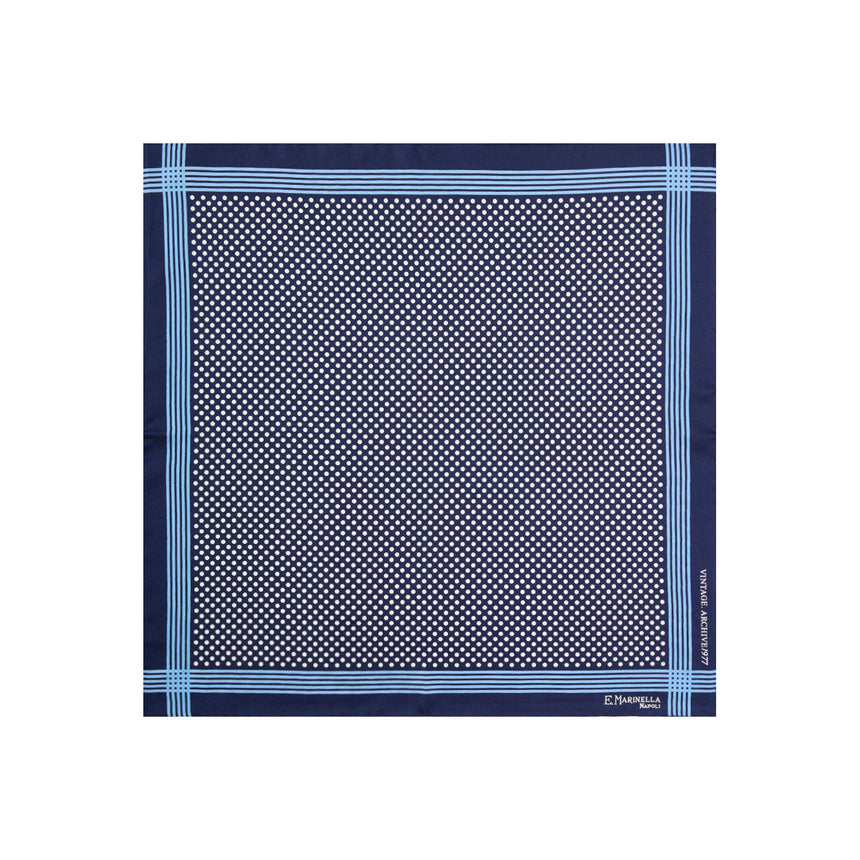 dark_blue_hand_printed_silk_pocket_square_polka_dot_pattern_fully_open_view