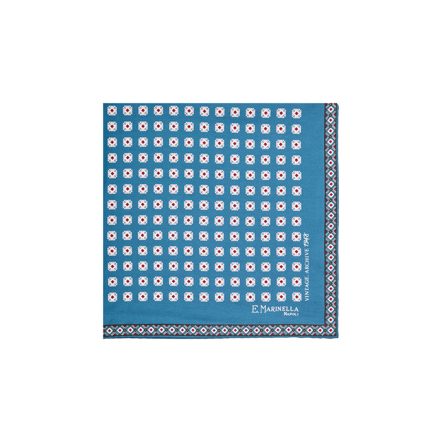 MID BLUE HAND-PRINTED SILK POCKET SQUARE