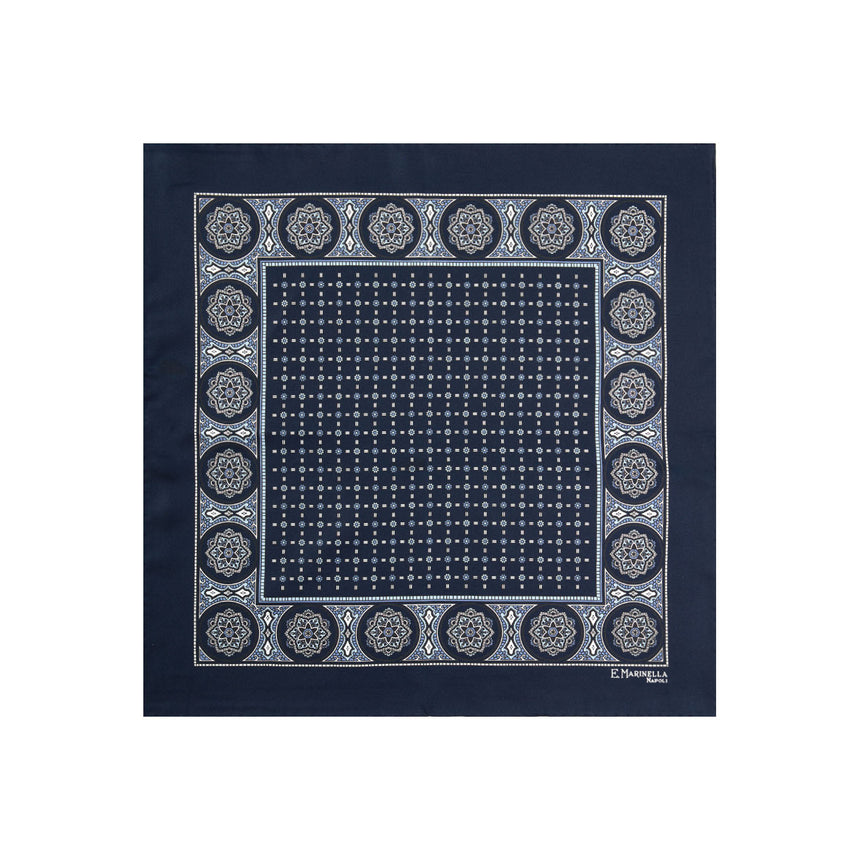 DARK BLUE HAND-PRINTED SILK POCKET SQUARE