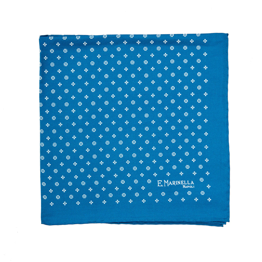 MID BLUE HAND-PRINTED SILK POCKET SQUARE
