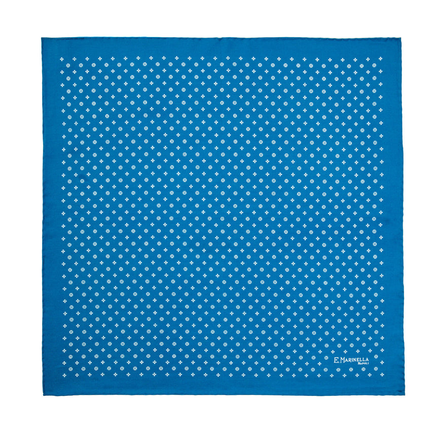 MID BLUE HAND-PRINTED SILK POCKET SQUARE