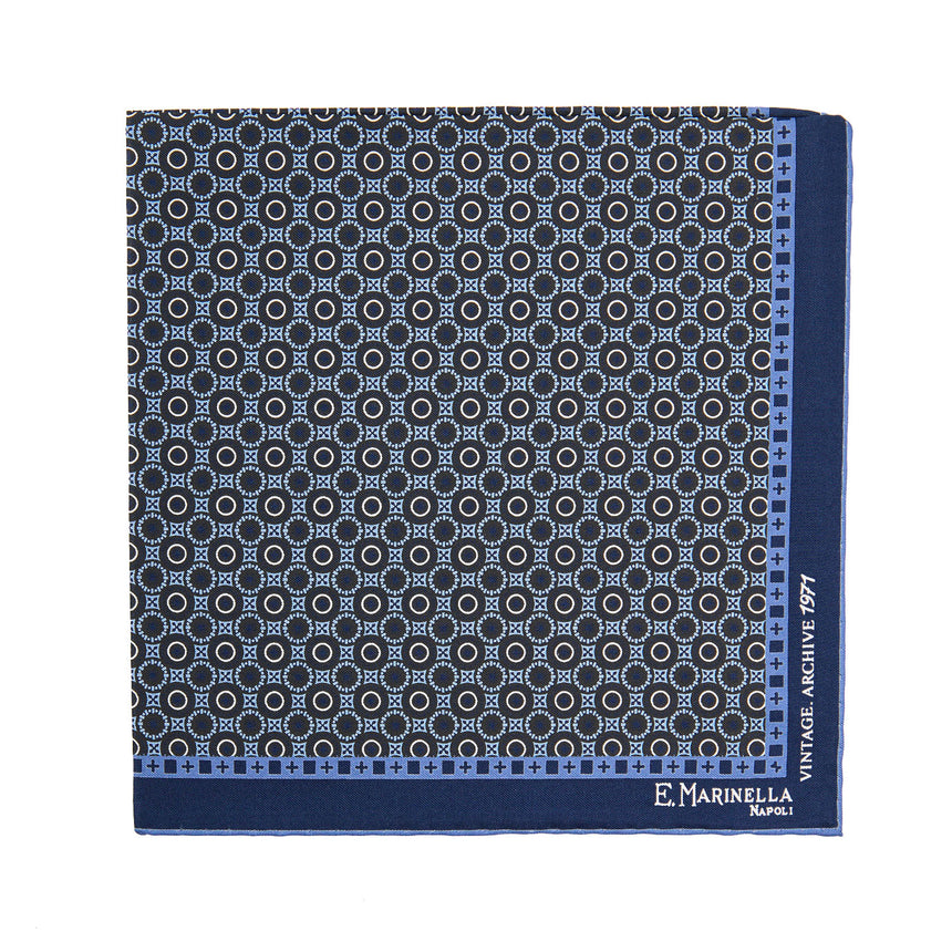 DARK BLUE HAND-PRINTED SILK POCKET SQUARE