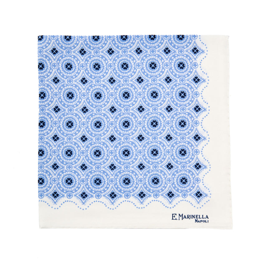 WHITE HAND-PRINTED SILK POCKET SQUARE