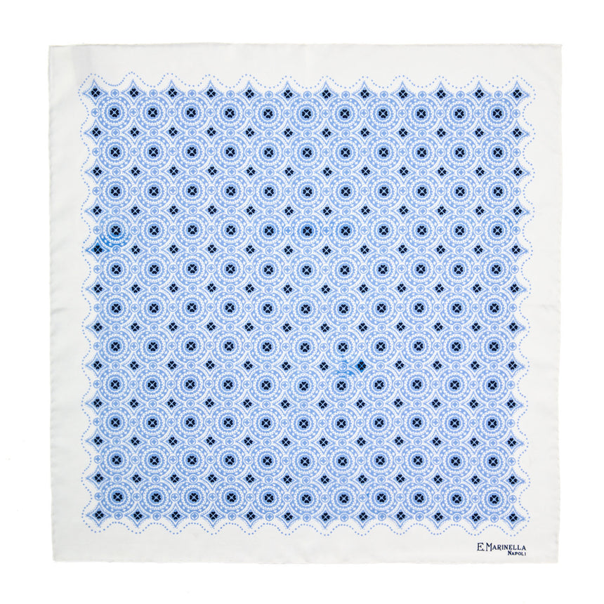 WHITE HAND-PRINTED SILK POCKET SQUARE