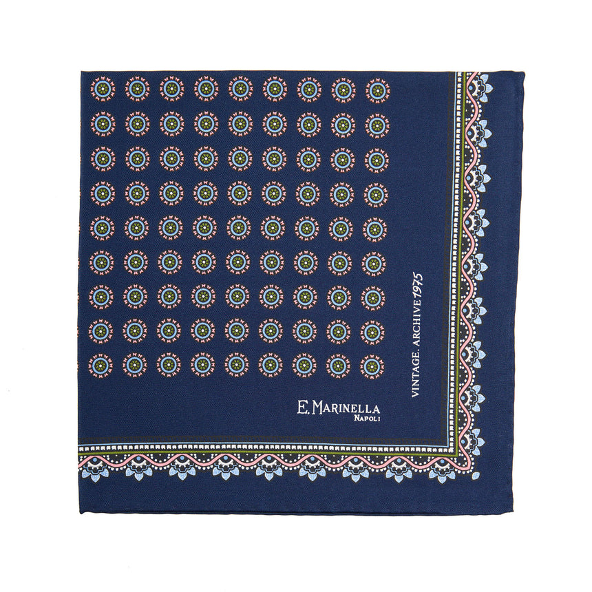 DARK BLUE HAND-PRINTED SILK POCKET SQUARE