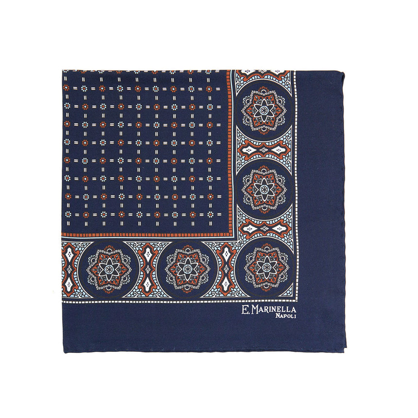 DARK BLUE HAND-PRINTED SILK POCKET SQUARE