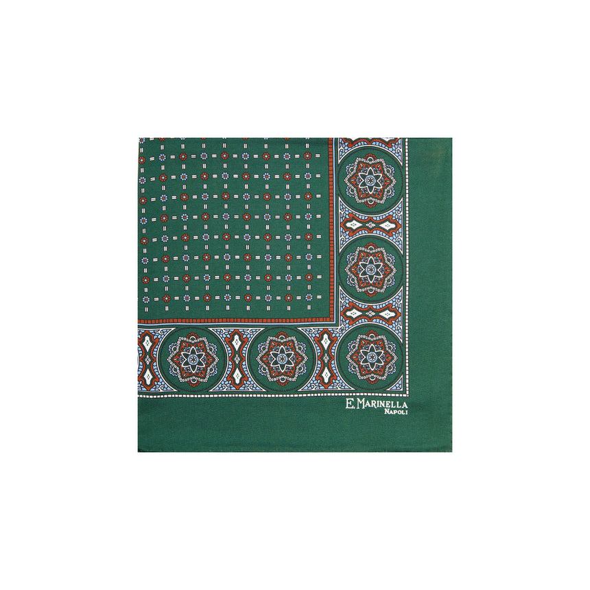 DARK GREEN HAND-PRINTED SILK POCKET SQUARE
