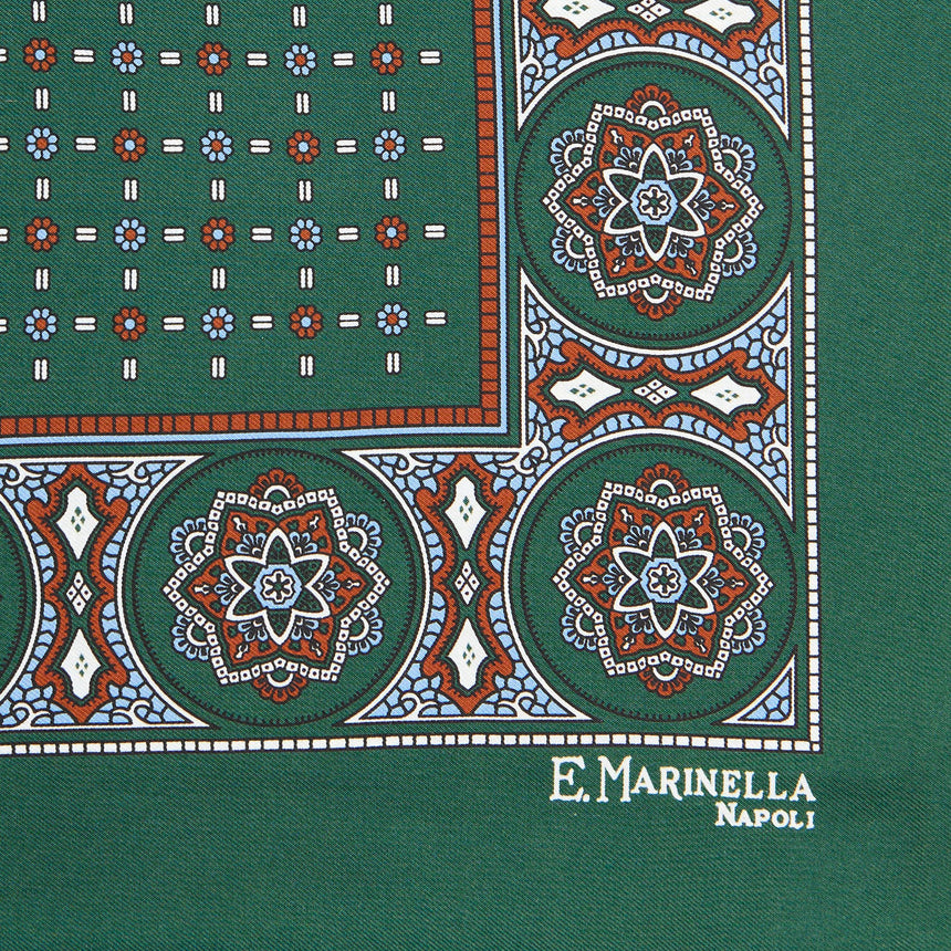 DARK GREEN HAND-PRINTED SILK POCKET SQUARE
