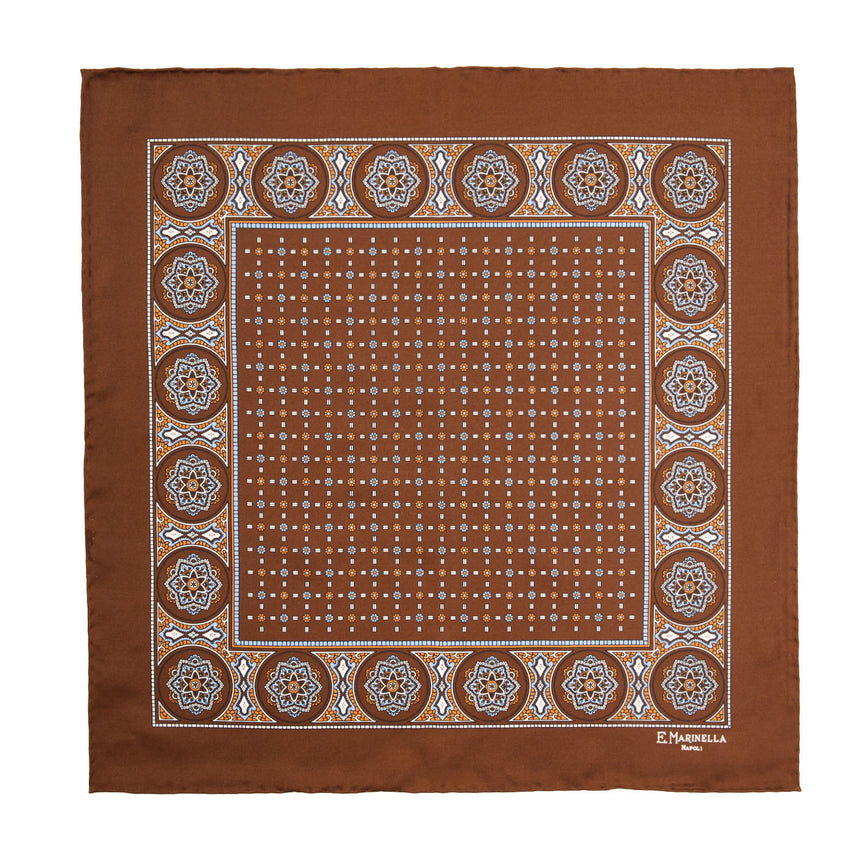 DARK BROWN HAND-PRINTED SILK POCKET SQUARE