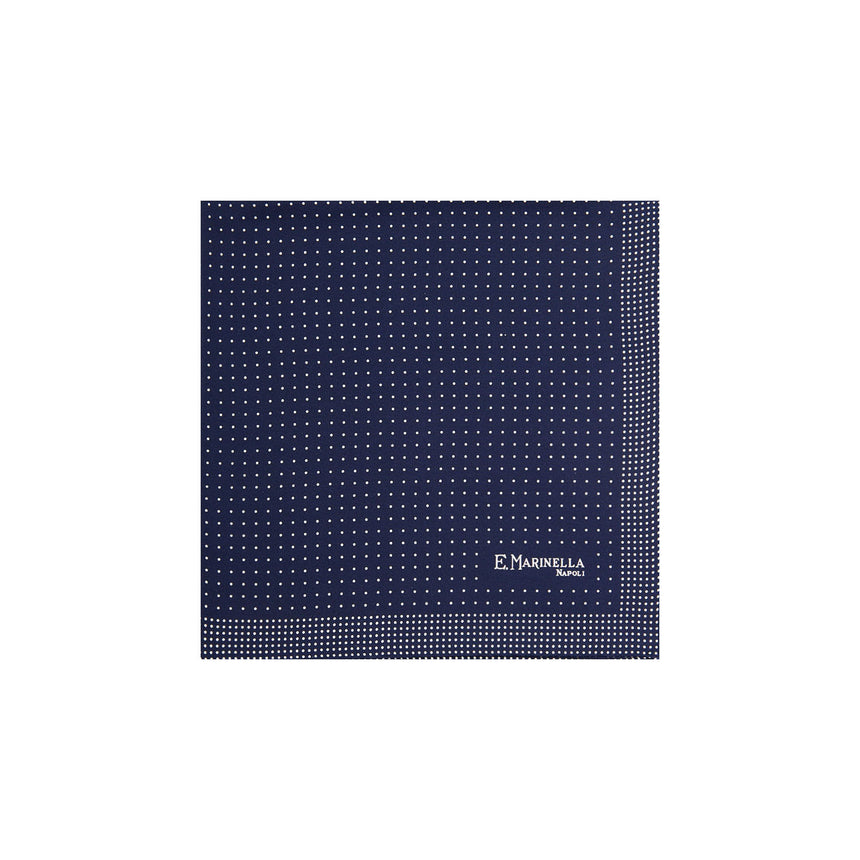 dark_blue_hand_printed_silk_pocket_square_polka_dots_centered_and_folded
