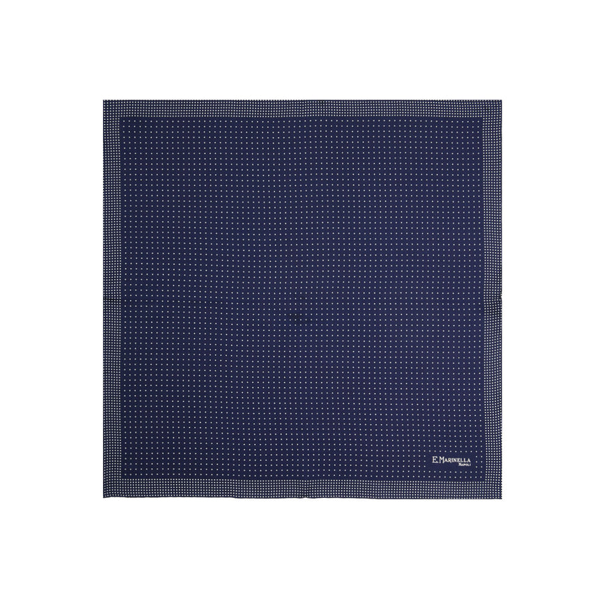 dark_blue_hand_printed_silk_pocket_square_polka_dots_fully_open_view