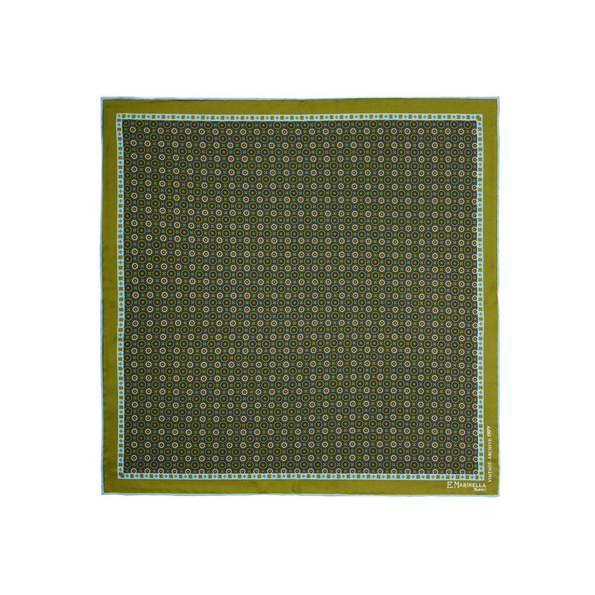 OLIVE GREEN HAND-PRINTED SILK POCKET SQUARE