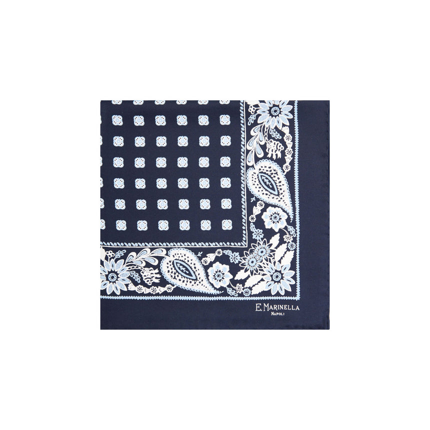 DARK BLUE HAND-PRINTED SILK POCKET SQUARE