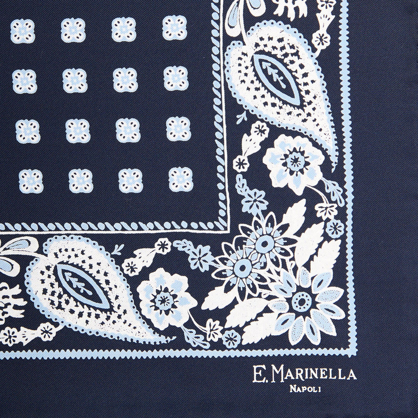 DARK BLUE HAND-PRINTED SILK POCKET SQUARE