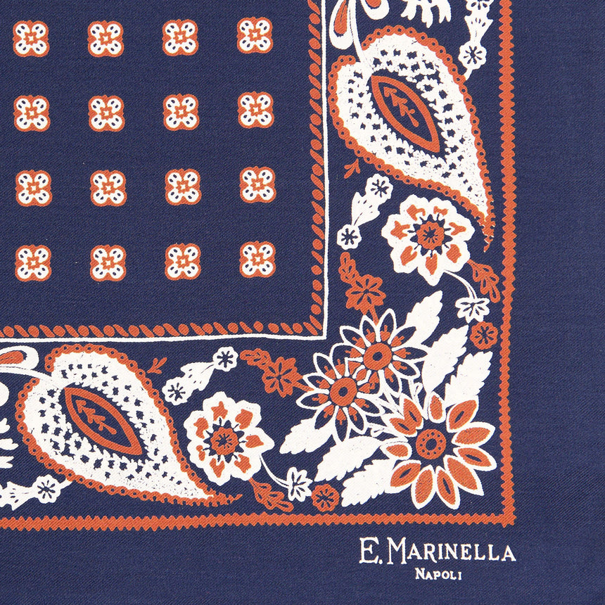 DARK BLUE HAND-PRINTED SILK POCKET SQUARE