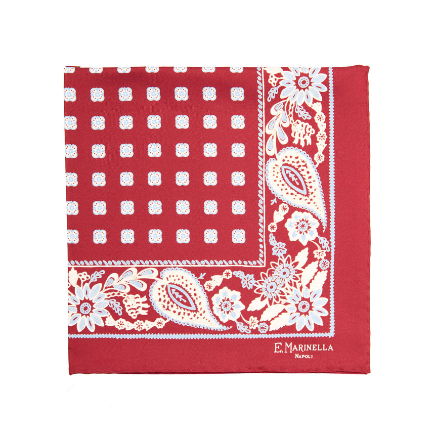 BURGUNDY HAND-PRINTED SILK POCKET SQUARE