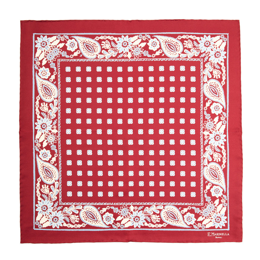 BURGUNDY HAND-PRINTED SILK POCKET SQUARE