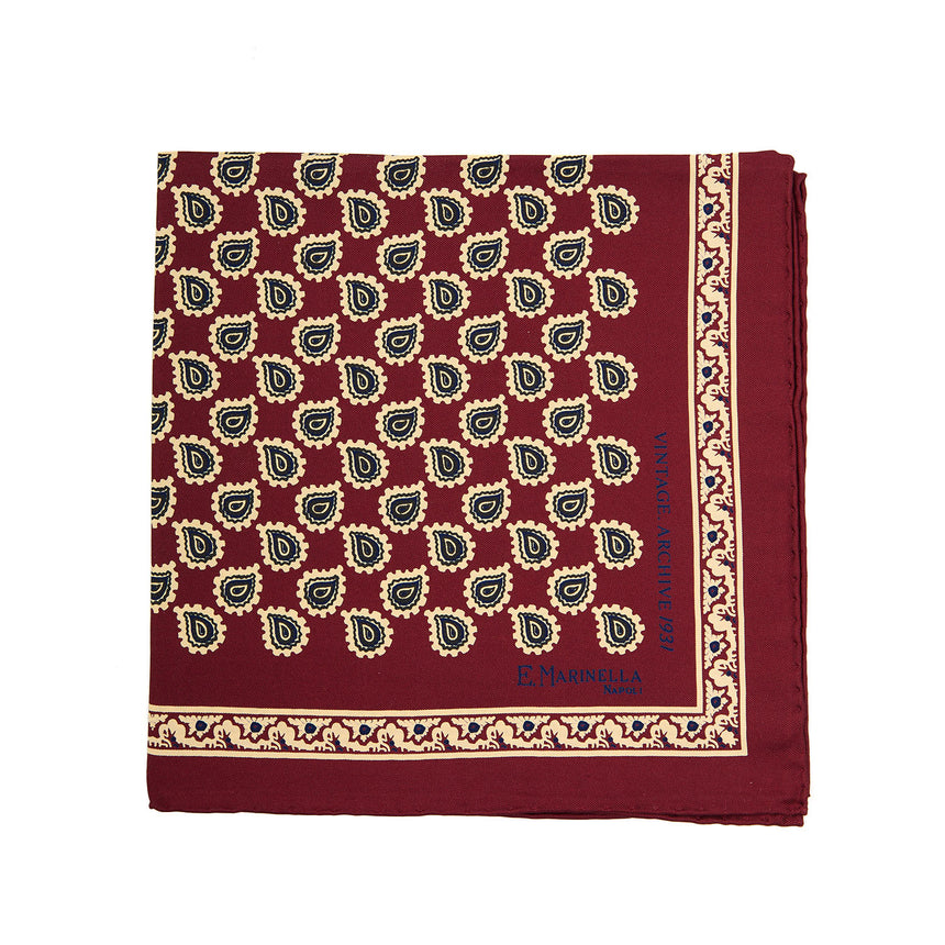BURGUNDY HAND-PRINTED SILK POCKET SQUARE