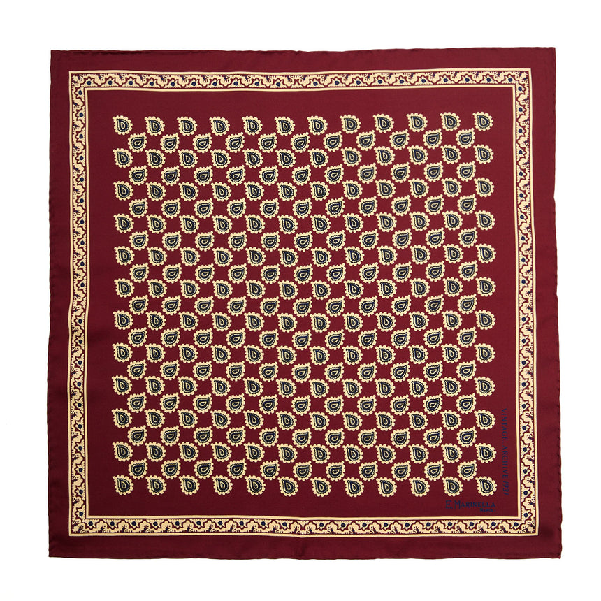 BURGUNDY HAND-PRINTED SILK POCKET SQUARE