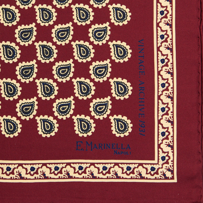 BURGUNDY HAND-PRINTED SILK POCKET SQUARE