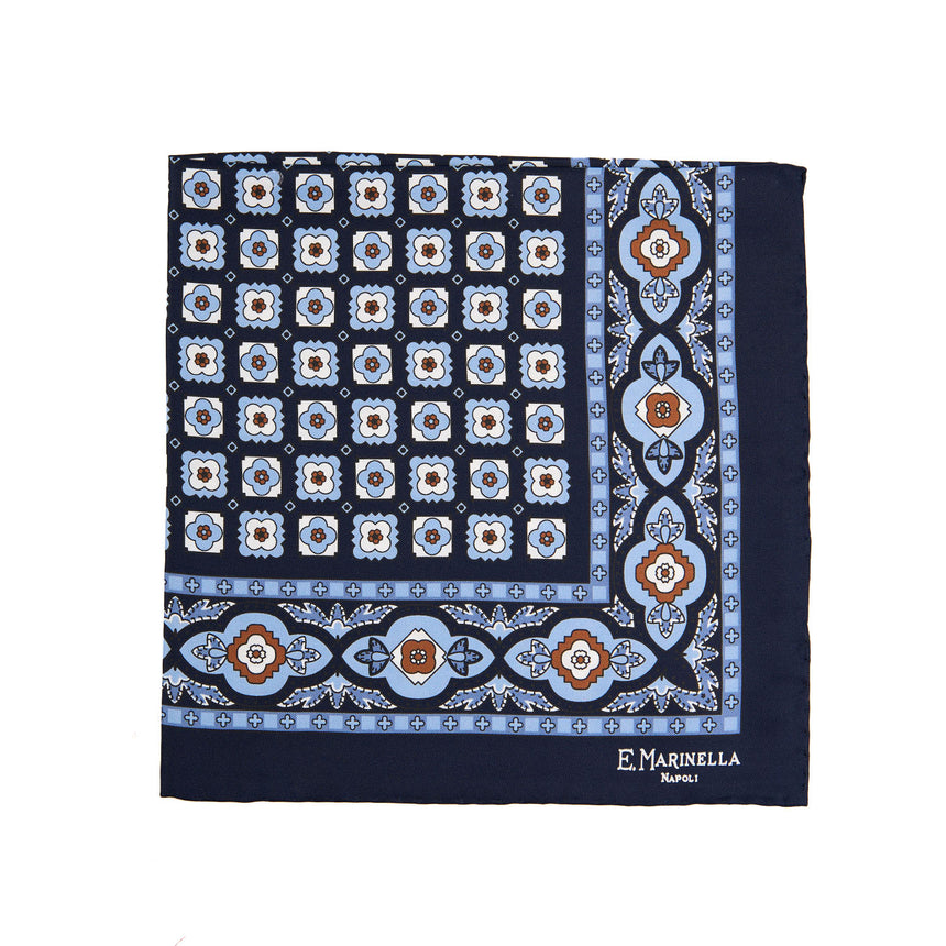 POCHETTE DA TASCHINO IN SETA STAMPATA A MANO BLU SCURO