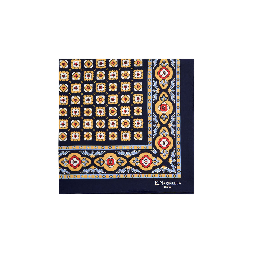 DARK BLUE HAND-PRINTED SILK POCKET SQUARE