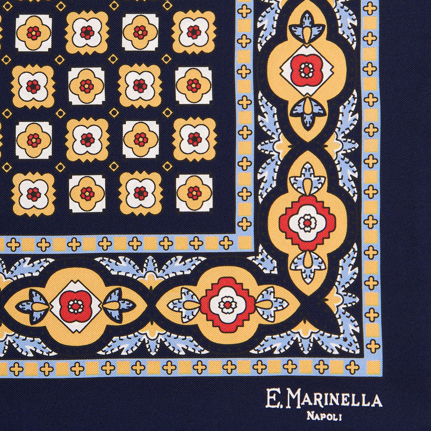 DARK BLUE HAND-PRINTED SILK POCKET SQUARE