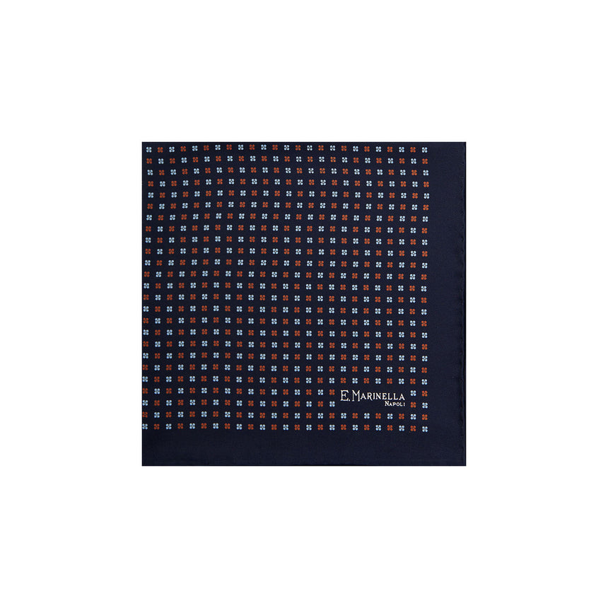 DARK BLUE HAND-PRINTED SILK POCKET SQUARE