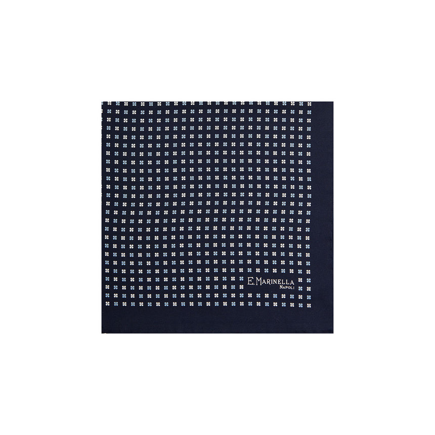 DARK BLUE HAND-PRINTED SILK POCKET SQUARE