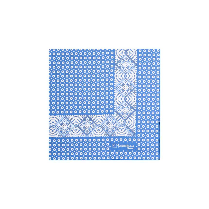 MID BLUE HAND-PRINTED SILK POCKET SQUARE