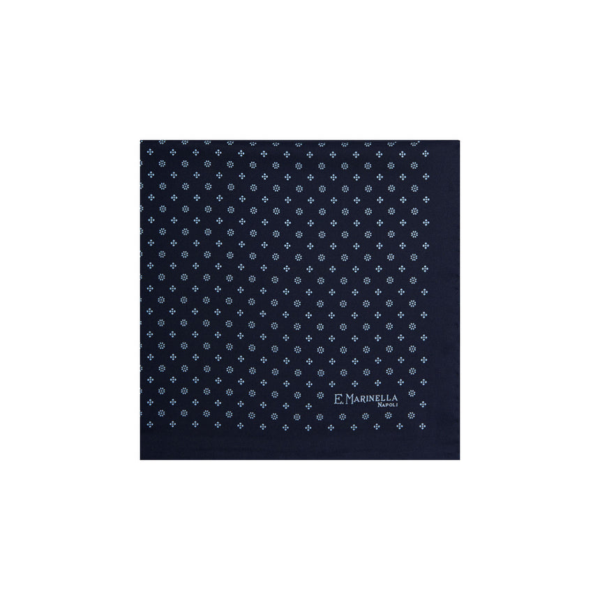 dark_blue_hand_printed_silk_pocket_square_small_flower_pattern_centered_and_folded