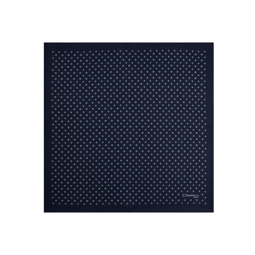 dark_blue_hand_printed_silk_pocket_square_small_flower_pattern_fully_open_view