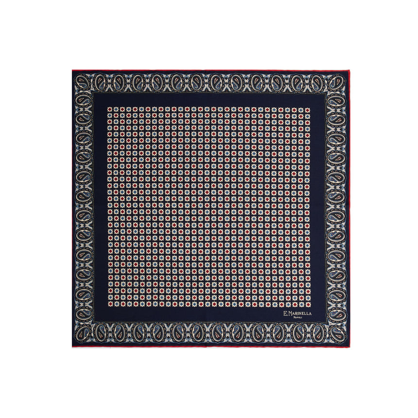 DARK BLUE HAND-PRINTED SILK POCKET SQUARE