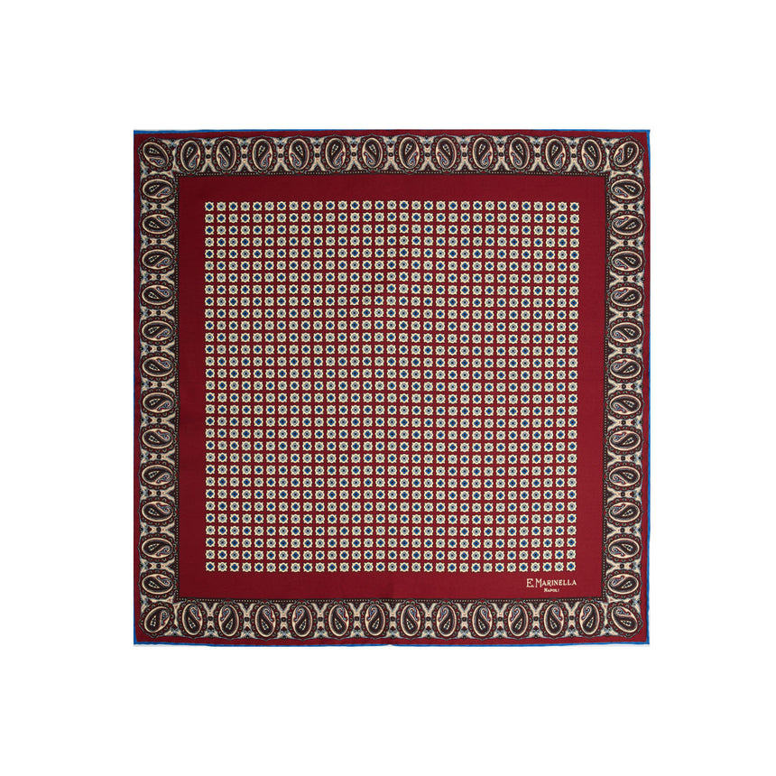 BURGUNDY HAND-PRINTED SILK POCKET SQUARE
