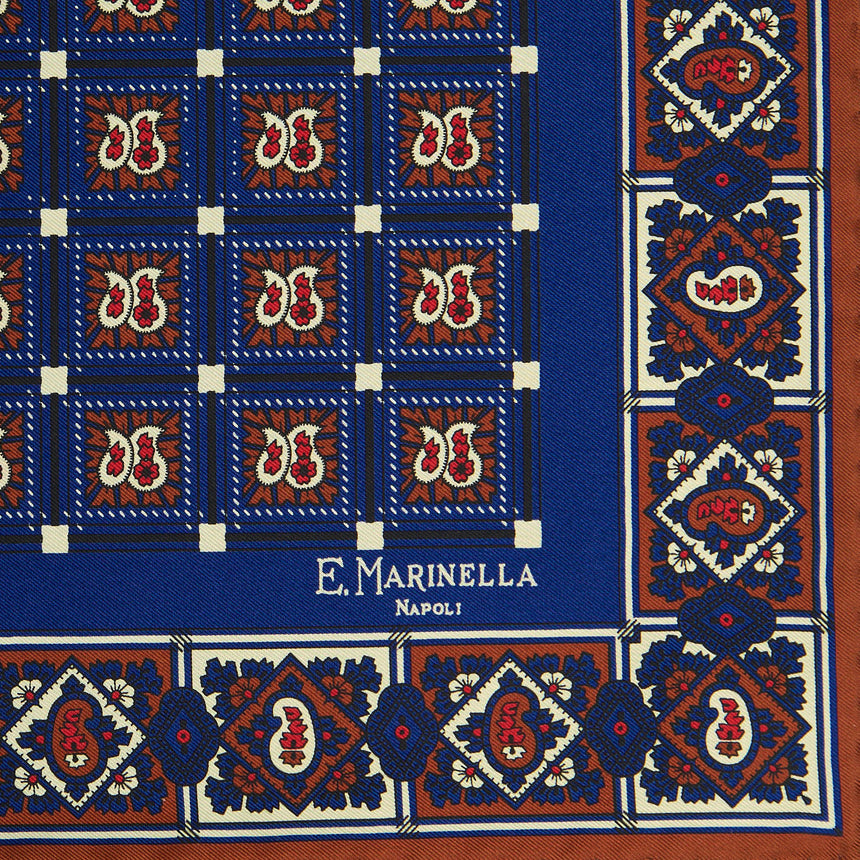 BLUE HAND-PRINTED SILK POCKET SQUARE