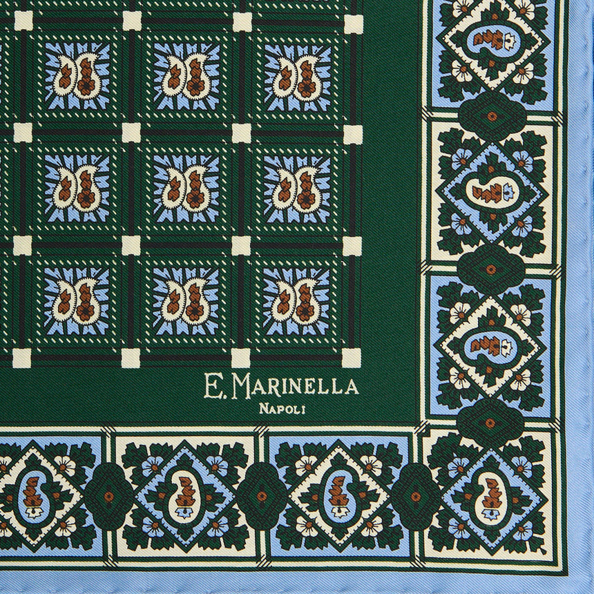 DARK GREEN HAND-PRINTED SILK POCKET SQUARE