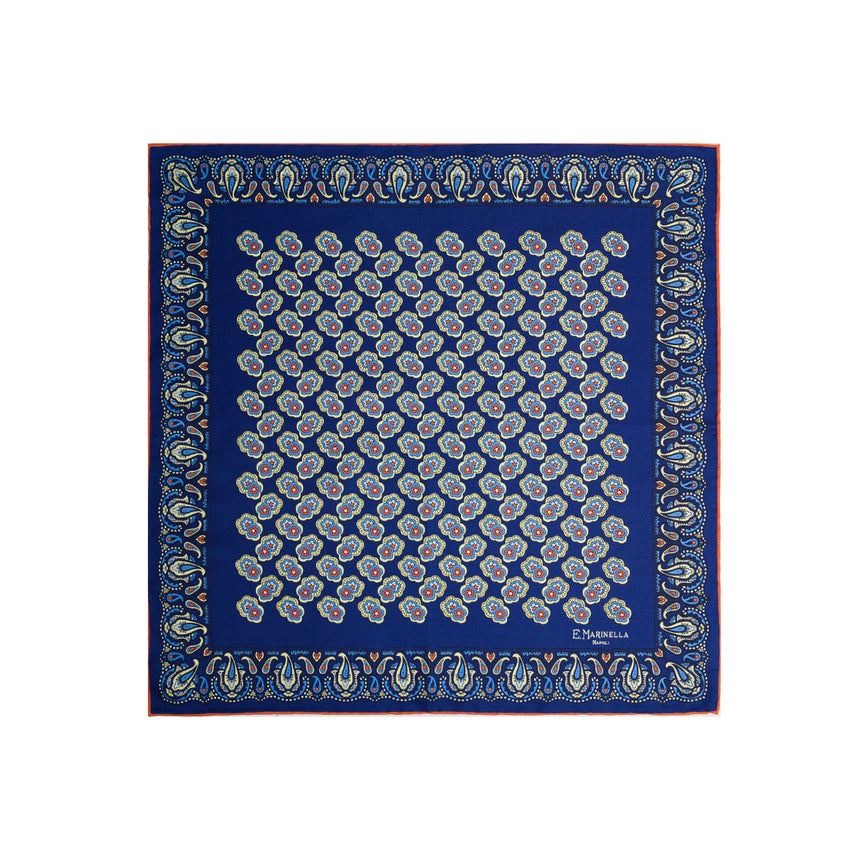 BLUE HAND-PRINTED SILK POCKET SQUARE