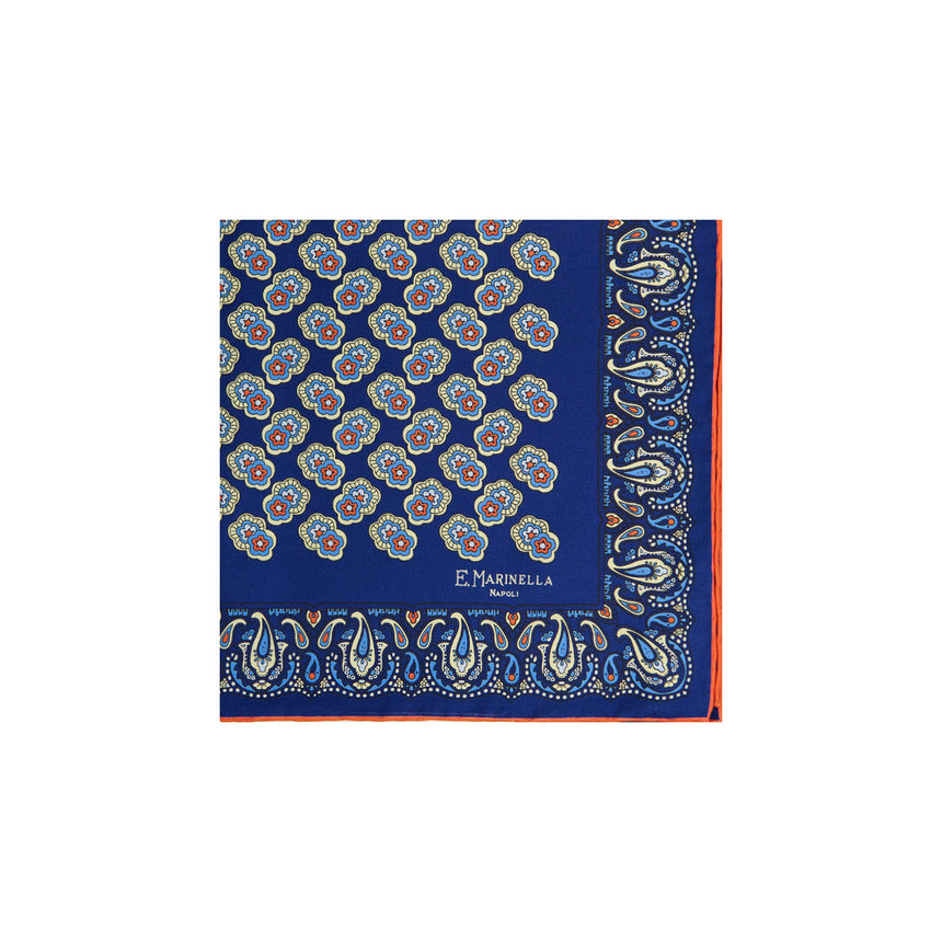 BLUE HAND-PRINTED SILK POCKET SQUARE