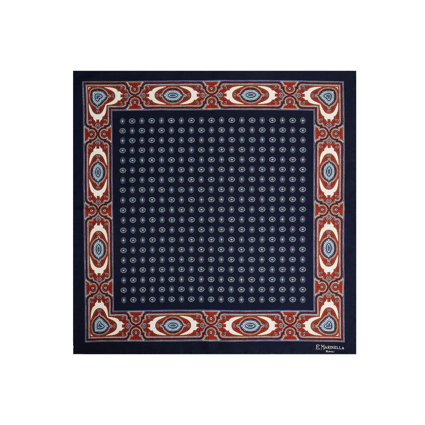 DARK BLUE HAND-PRINTED SILK POCKET SQUARE