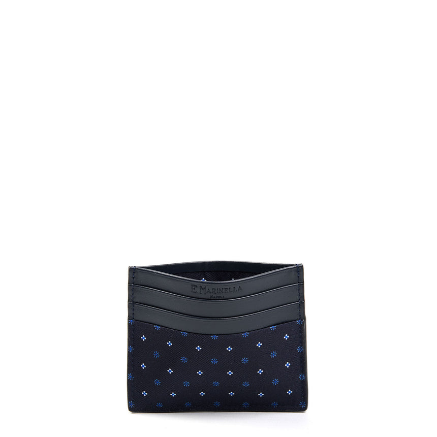 DARK BLUE LEATHER AND SILK CREDIT CARD HOLDER