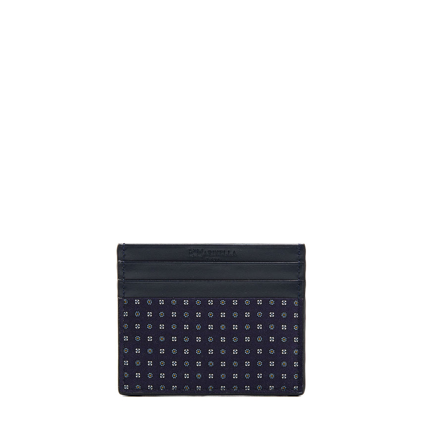 DARK BLUE LEATHER AND SILK CREDIT CARD HOLDER