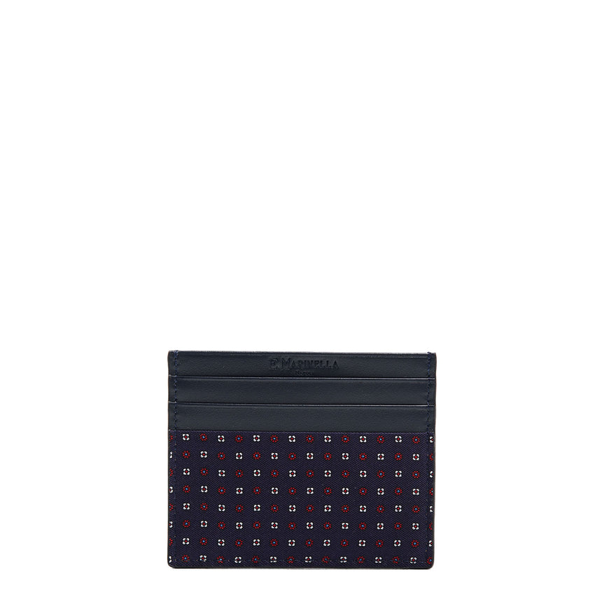 DARK BLUE LEATHER AND SILK CREDIT CARD HOLDER