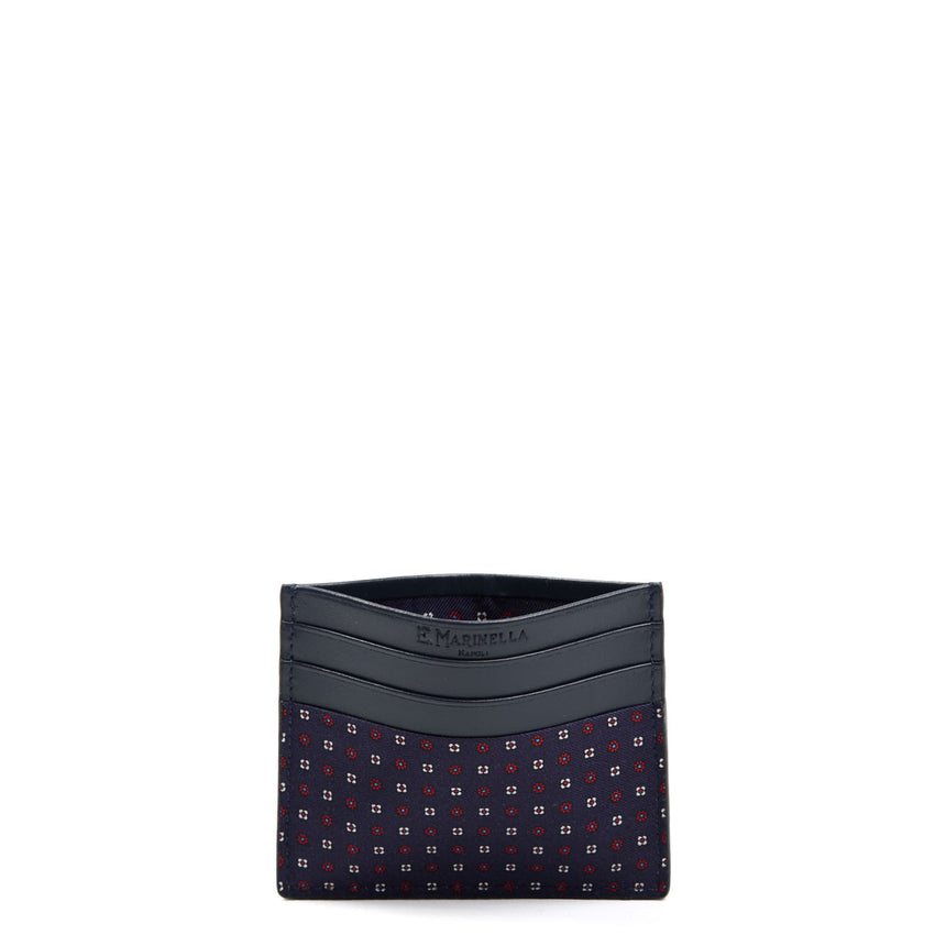 DARK BLUE LEATHER AND SILK CREDIT CARD HOLDER