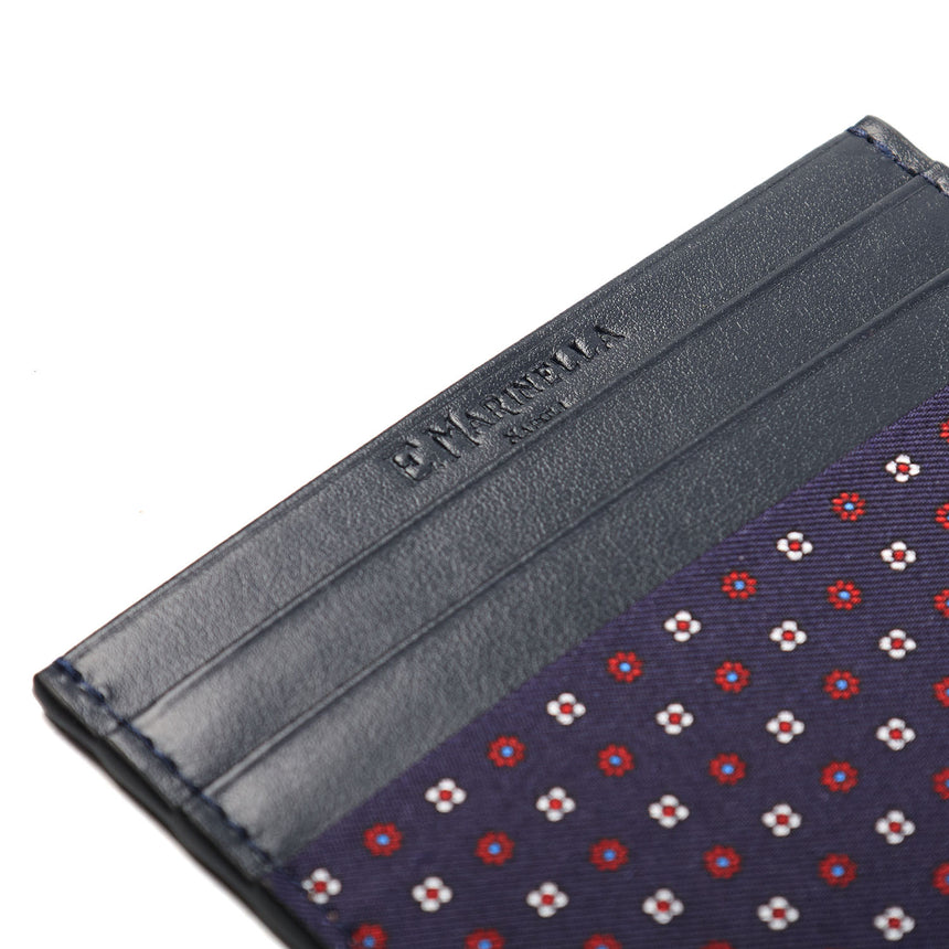 DARK BLUE LEATHER AND SILK CREDIT CARD HOLDER
