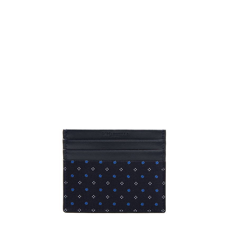 DARK BLUE LEATHER AND SILK CREDIT CARD HOLDER