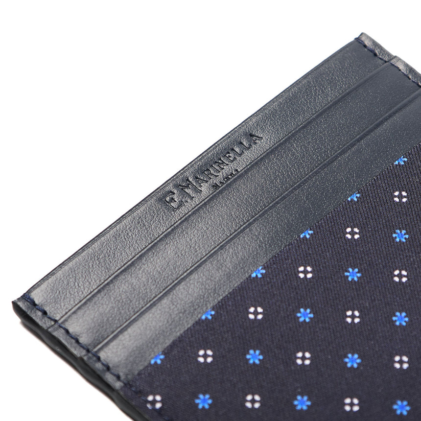 DARK BLUE LEATHER AND SILK CREDIT CARD HOLDER